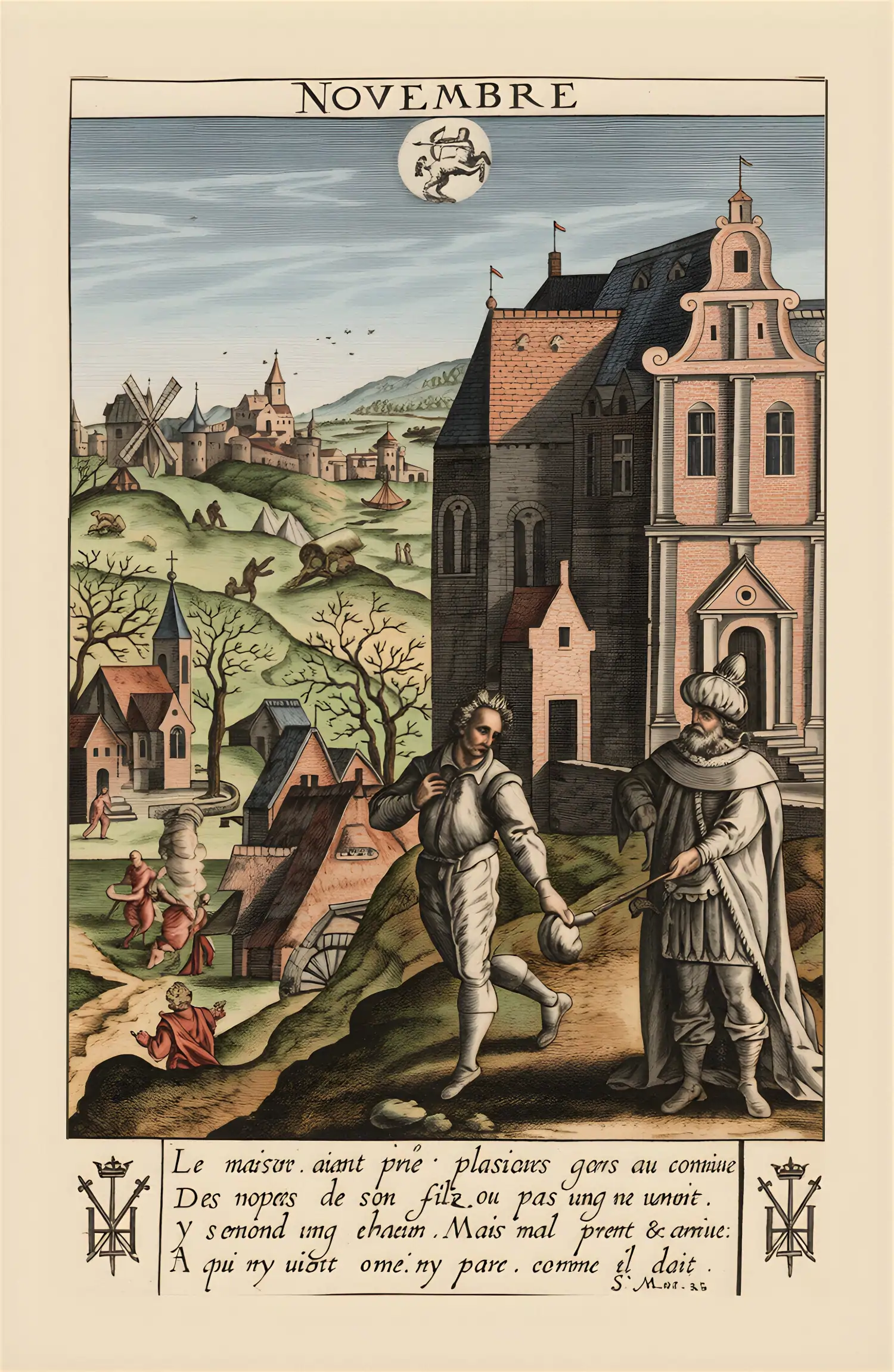 November. Landscape with a king addressing a man in normal clothes (parable of the wedding banquet), a church beyond, a village with a pig being slaughtered and hills in background; zodiacal sign of Sagittarius at top centre; letterpress in black and red ink above impression and on verso.
